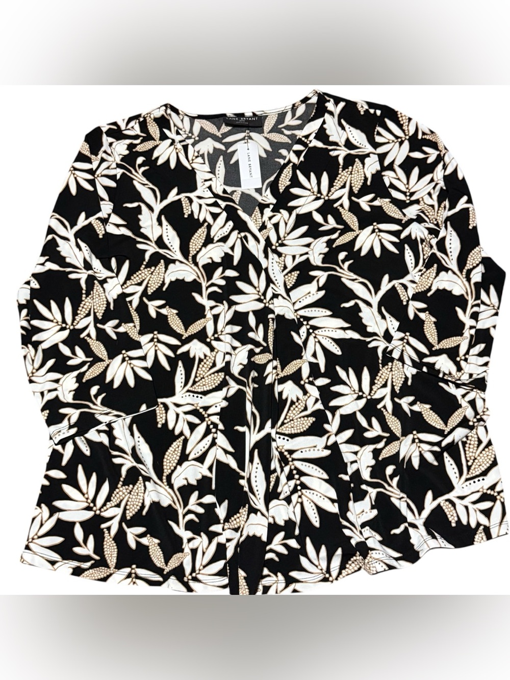 Lane Bryant Women’s Top Blouse 18/20 Black White Tan Floral 3/4 Sleeve Shirt